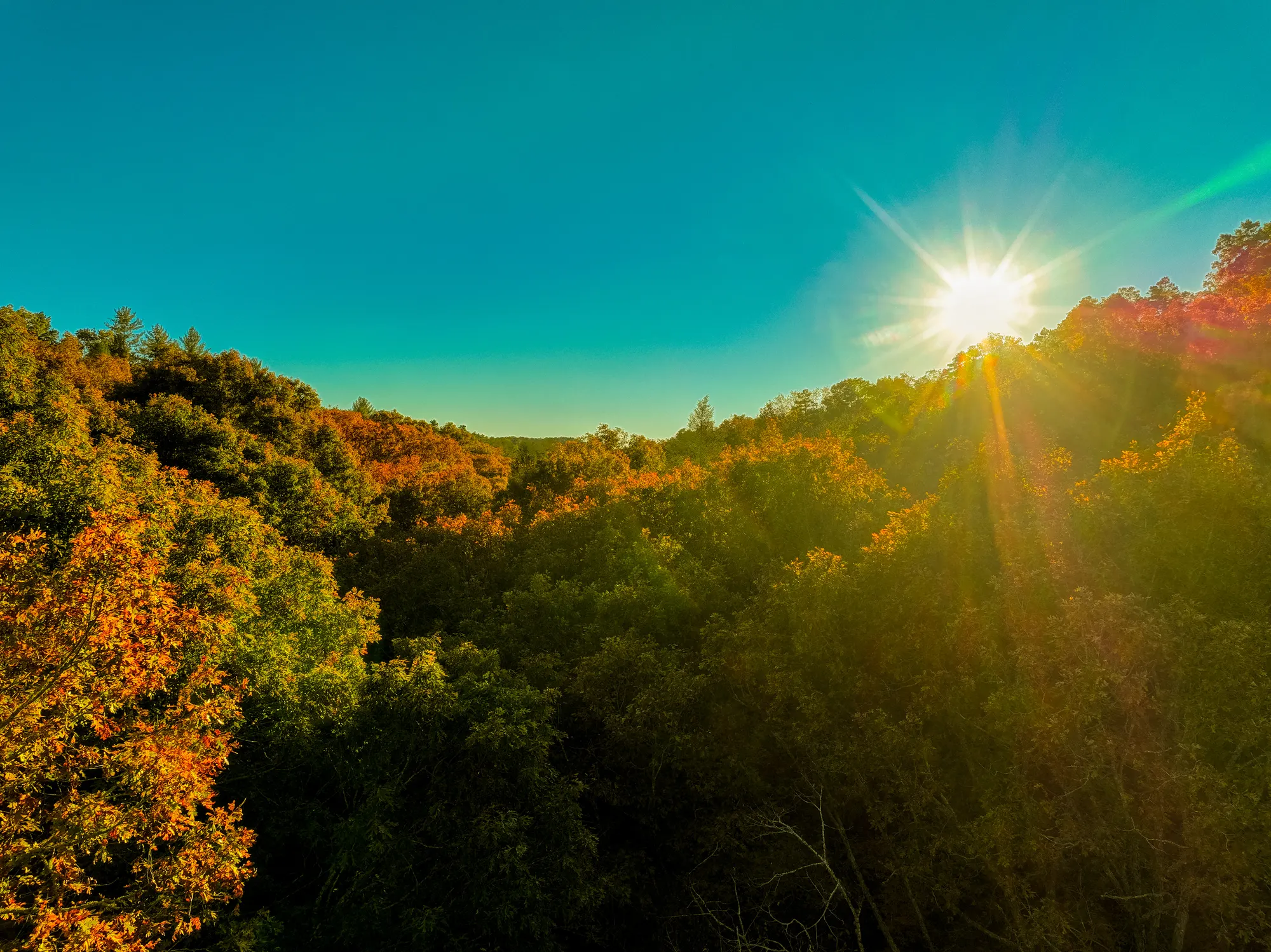 Drone sunset over fall mountain canopy